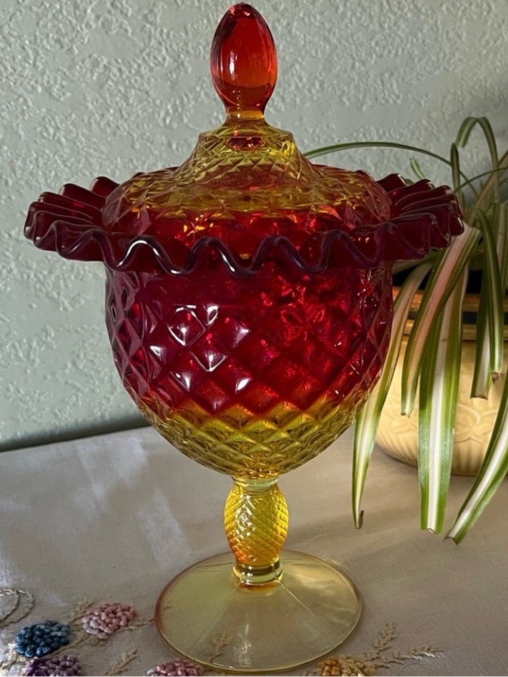 Vintage Fenton Amberina Compote Candy Dish Diamond Point Pedestal UV Reactive